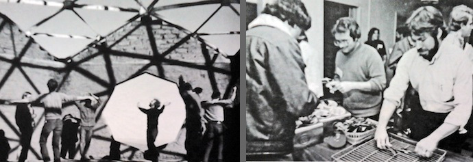 Esquerda: construção da sede da Fundação Lama. Direita: Steve Wozniak lavando louça na Primeira Conferência Hacker