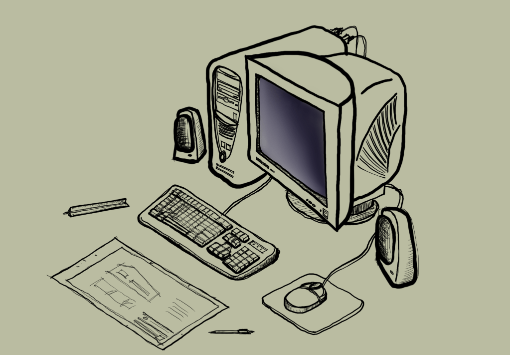 Típico computador do início dos anos 2000 com monitor, gabinete, teclado, mouse e caixas de som.