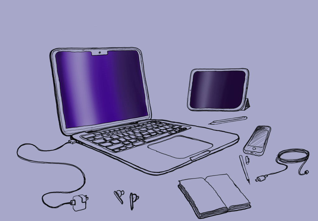 Ilustração de um Macbook ao lado de um iPad e outros objetos.