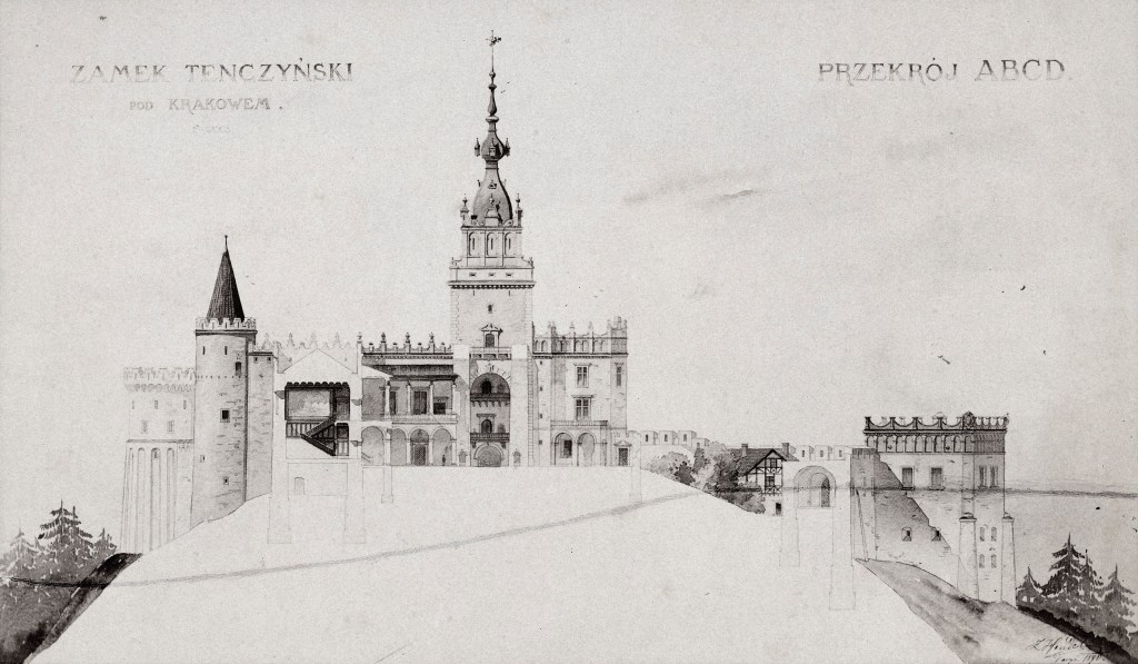 Elevação e corte de um castelo